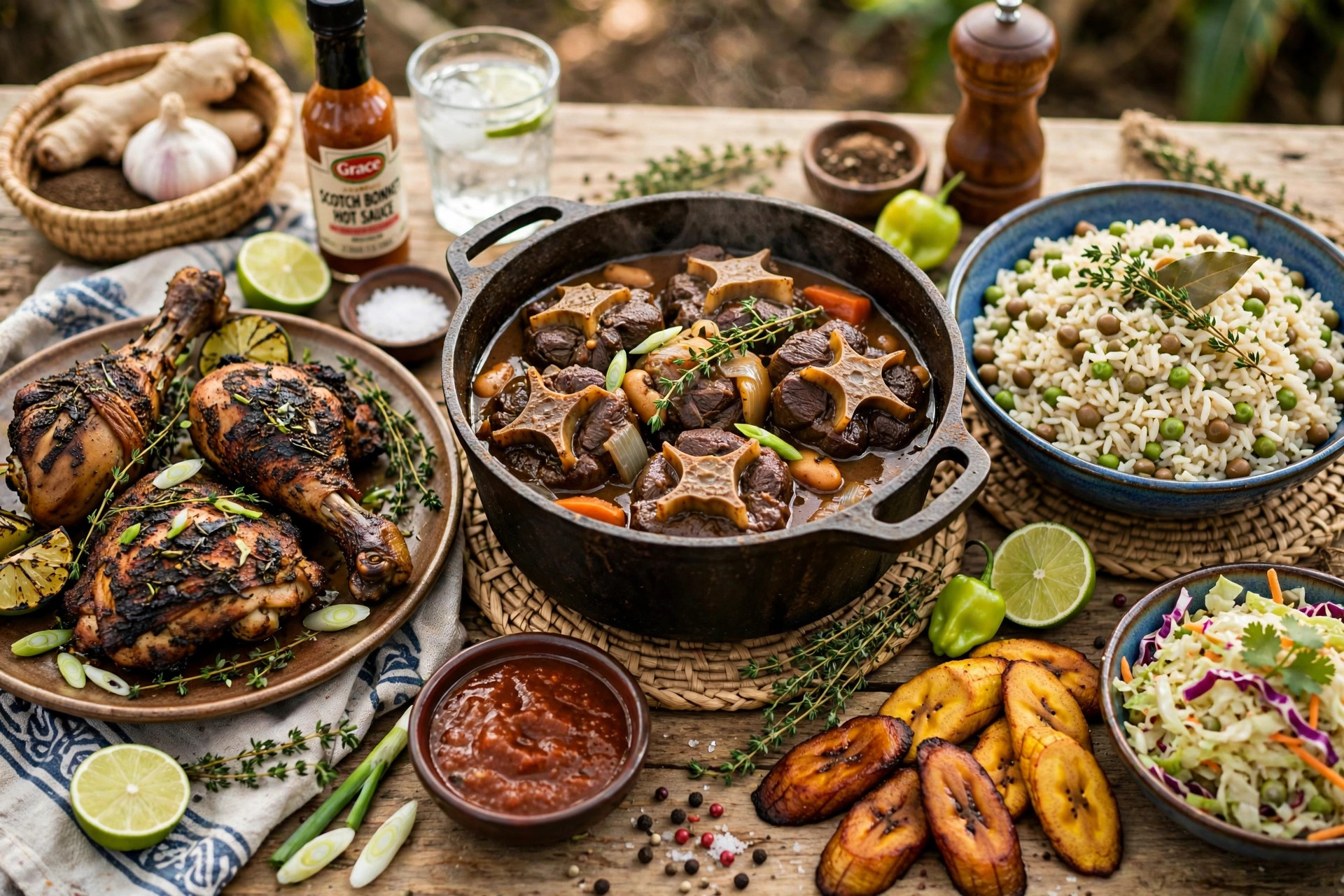 Caribbean Table: jerk chicken, oxtail, rice and peas