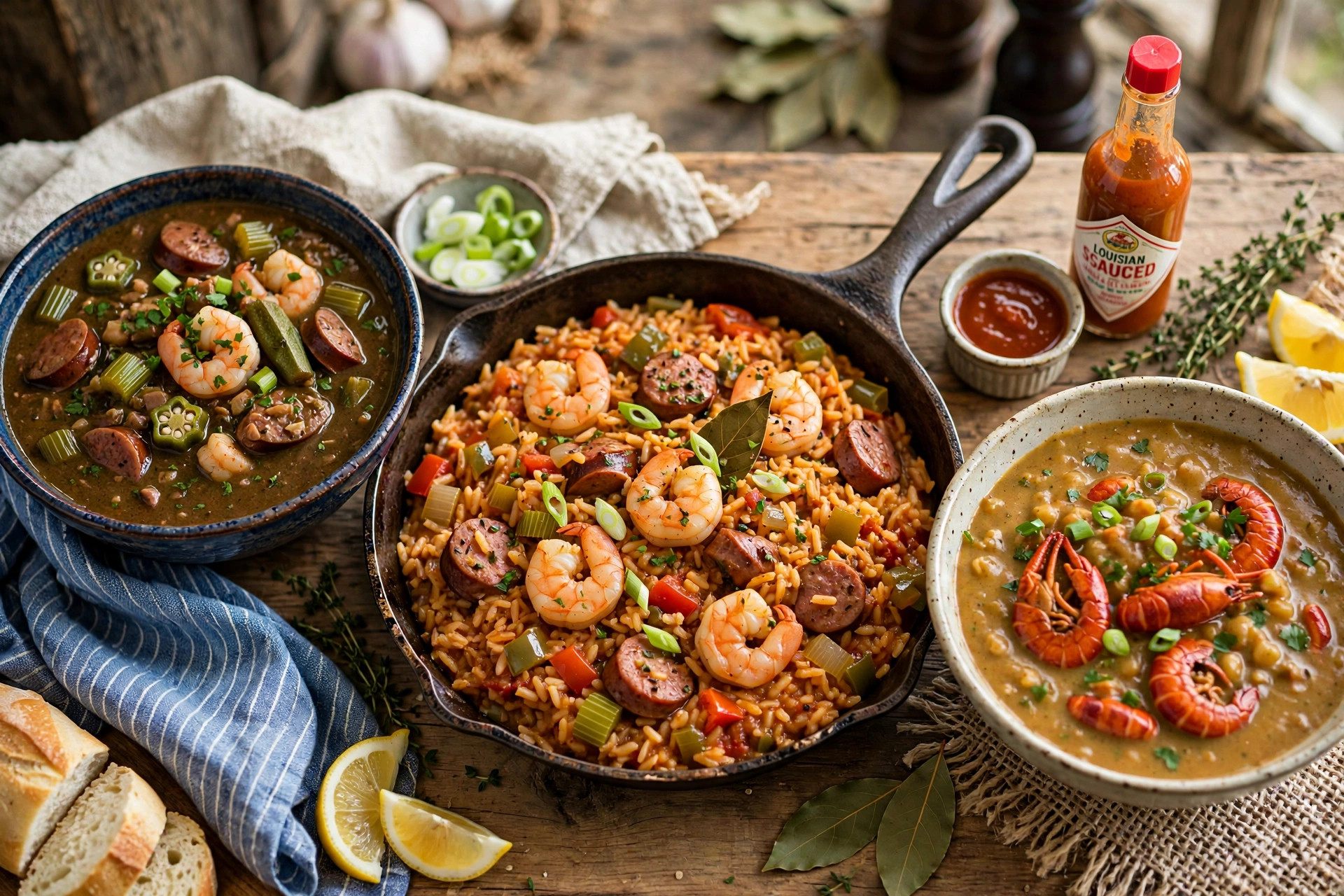Creole and Cajun dishes: gumbo, jambalaya, étouffée