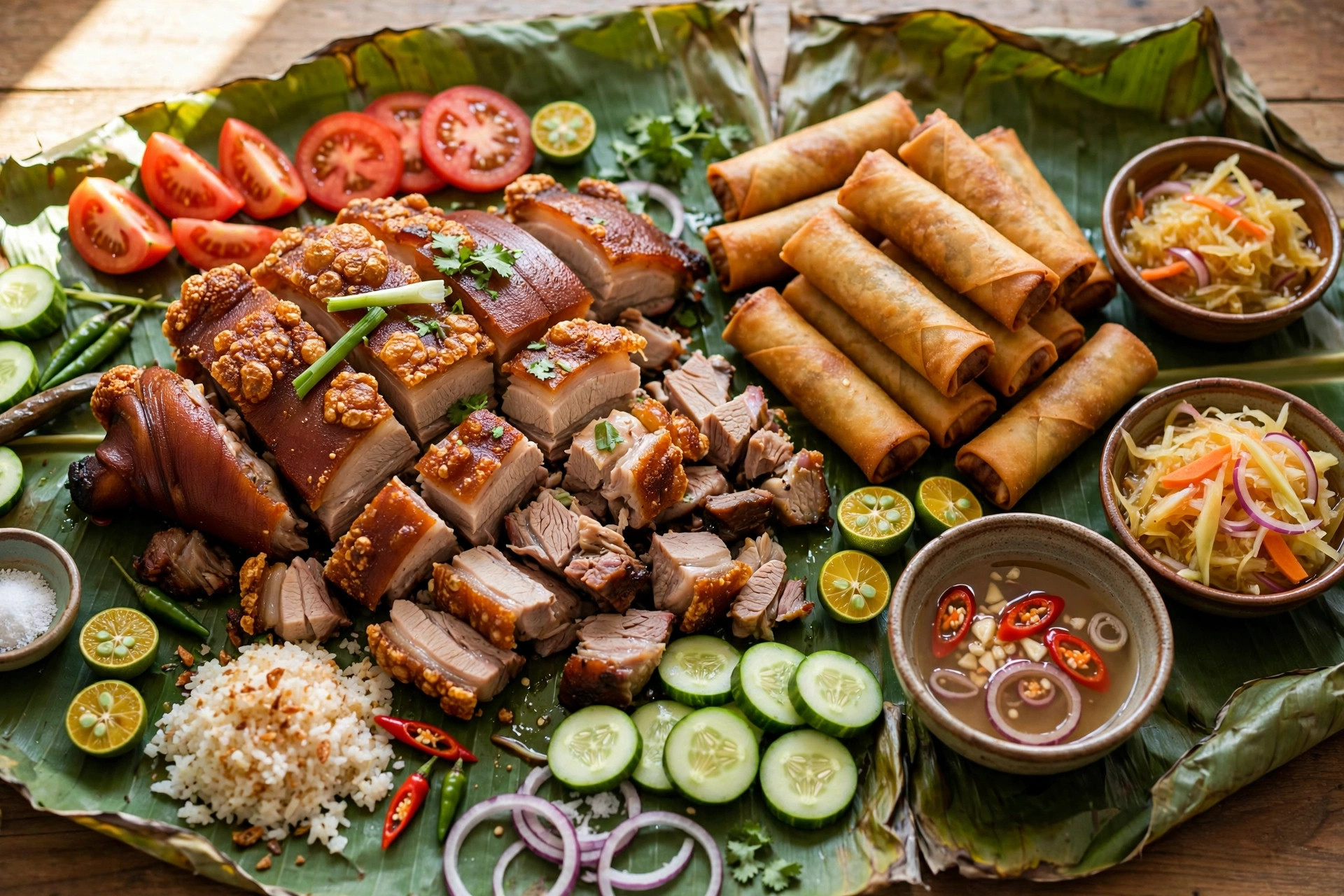 Filipino Kamayan: lechon and lumpia on a banana-leaf spread