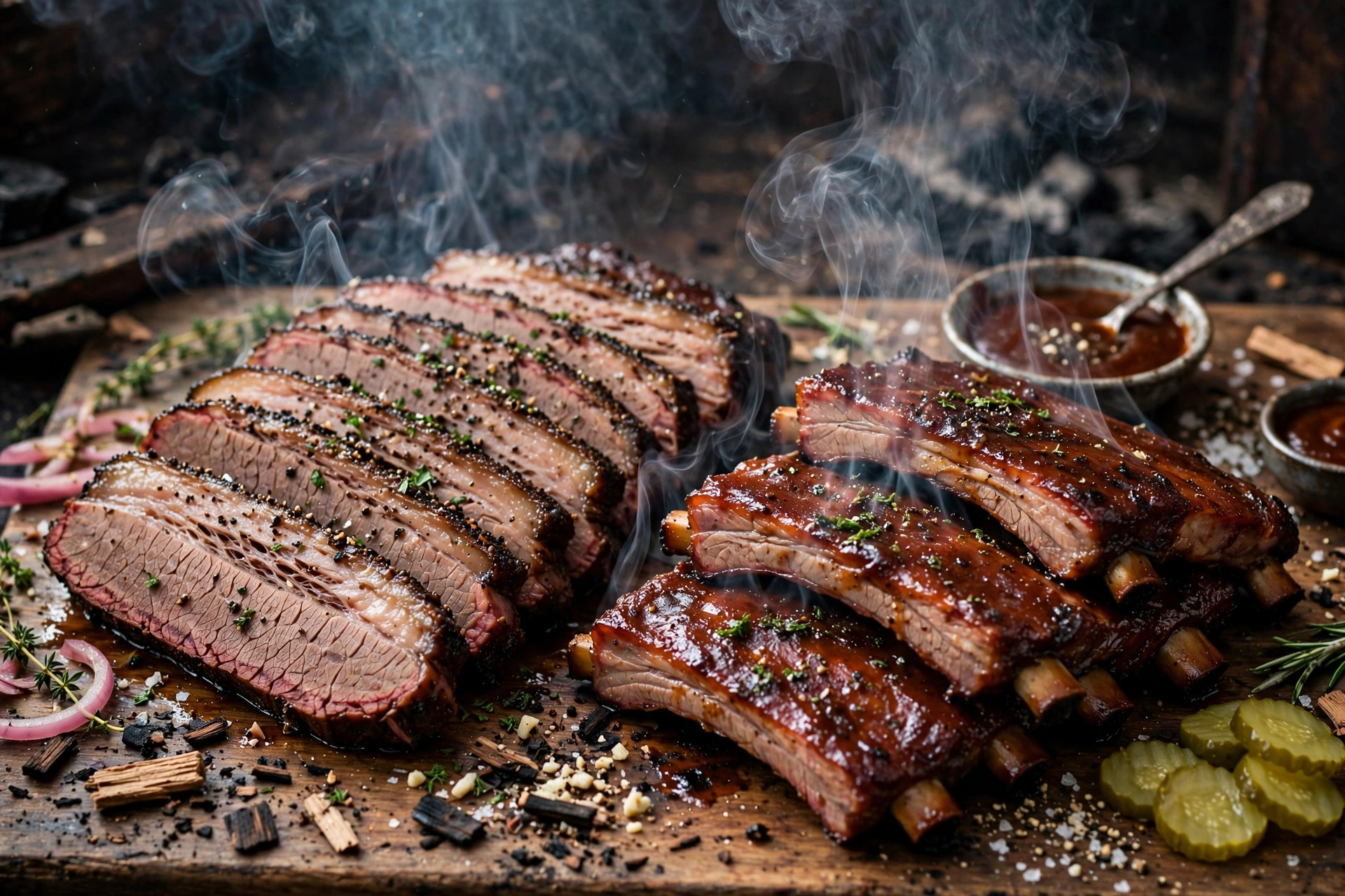 Low and slow BBQ: sliced brisket and glazed ribs with smoke