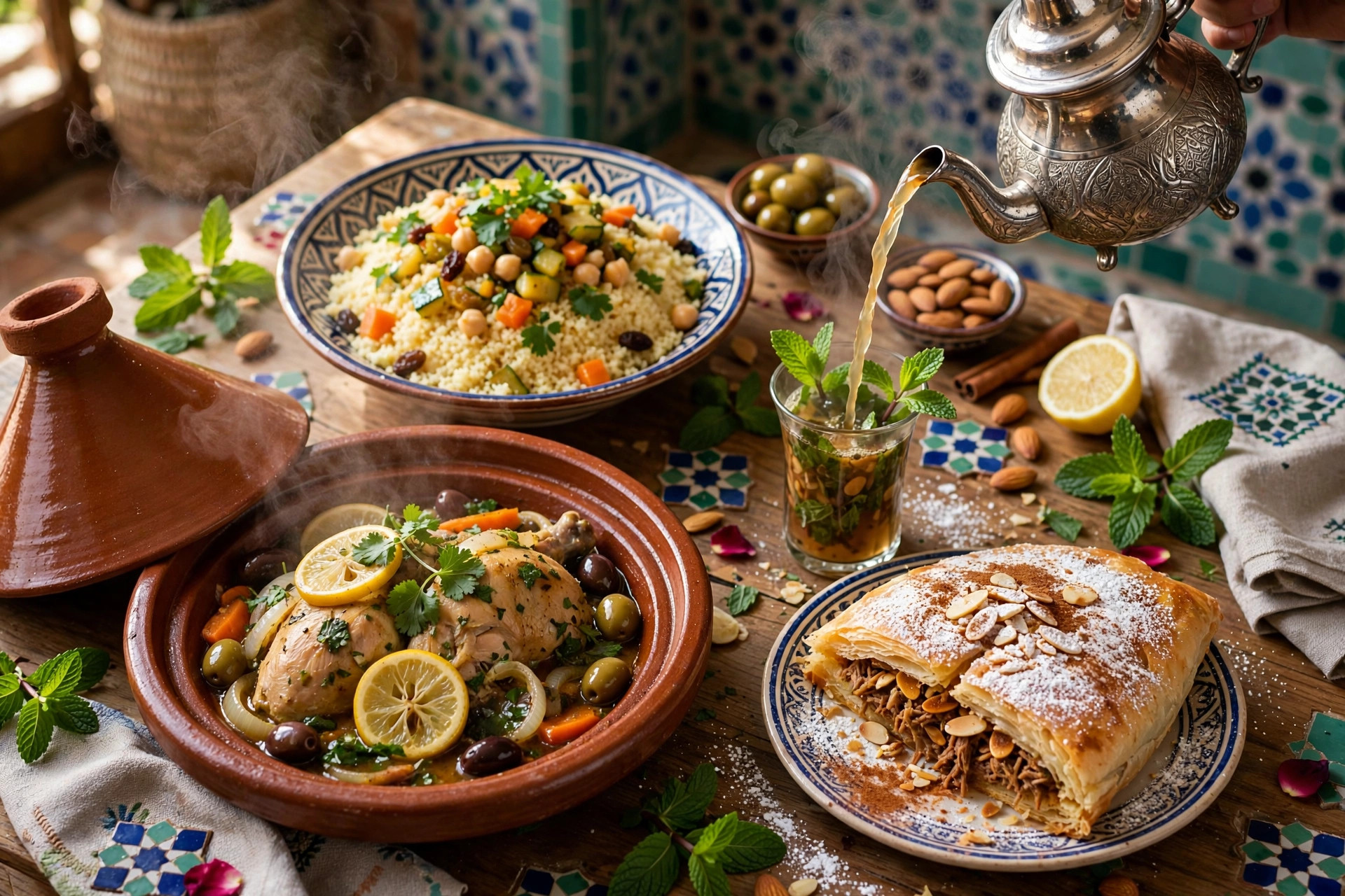 Moroccan spread: tagine, couscous, pastilla, mint tea