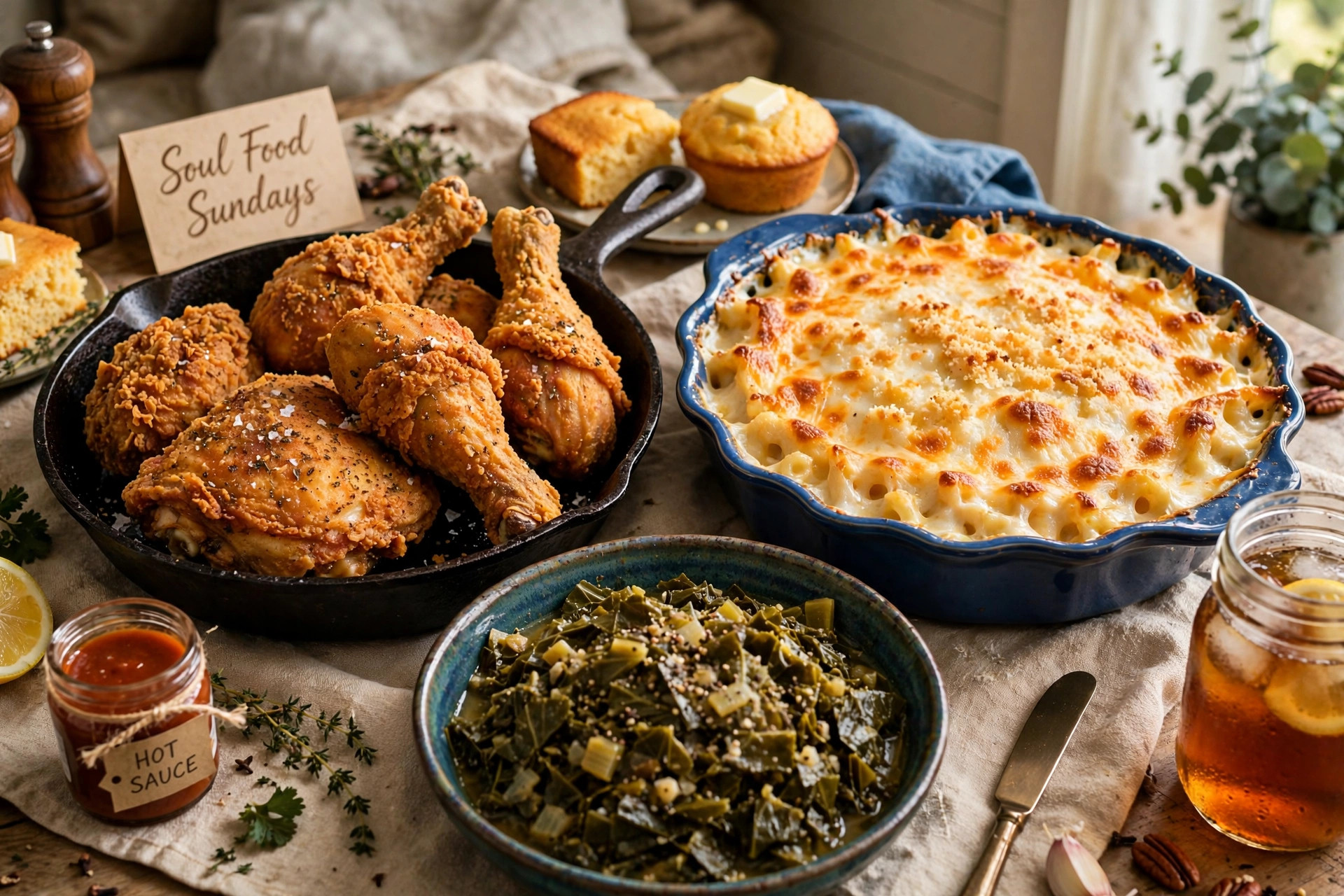 Soul Food Sundays spread: fried chicken, mac and cheese, collard greens